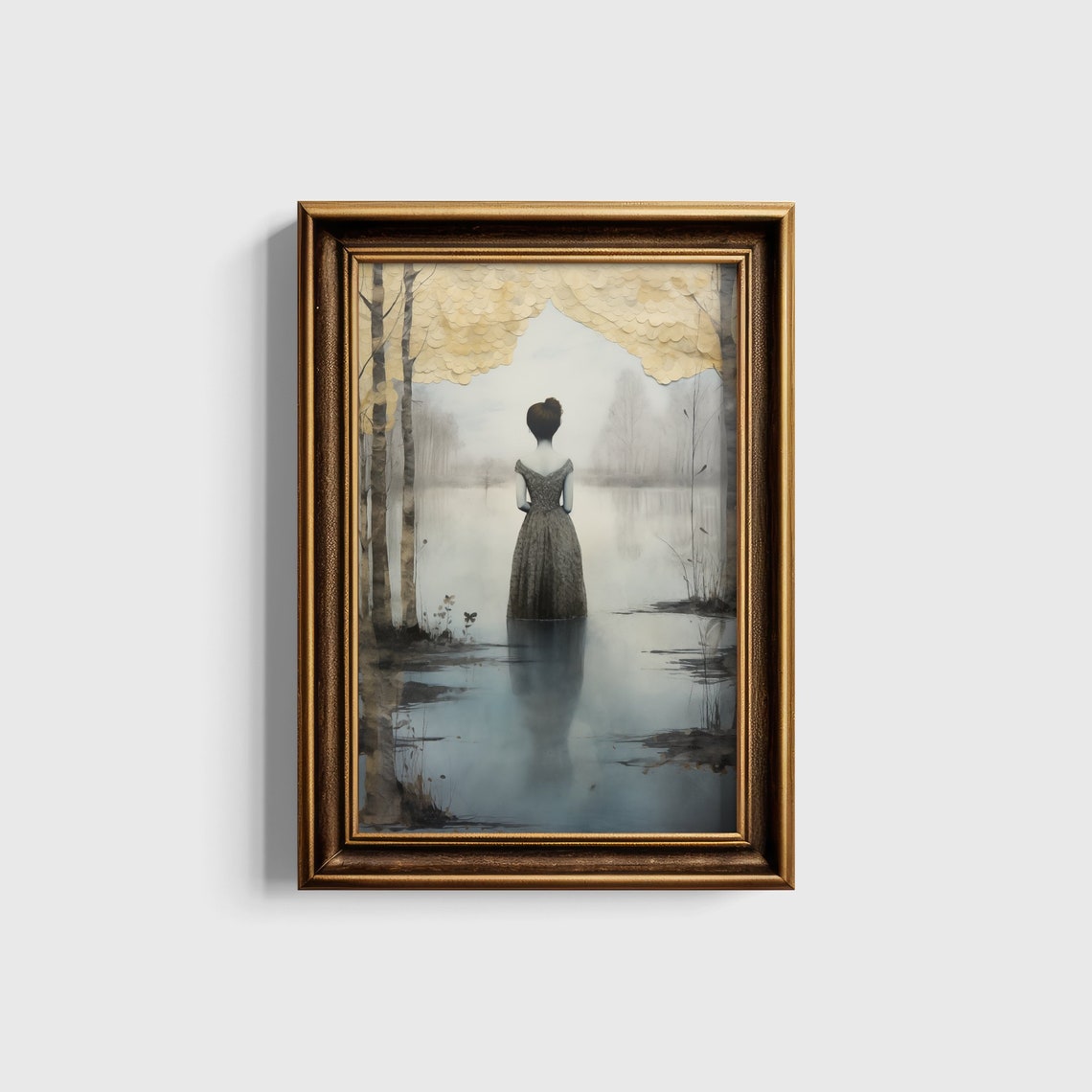 Enchanted Lake Reflections Print Vintage Fairytale Style Wall Art Faded Paper Lake Scene Poster 00251 - Image 5