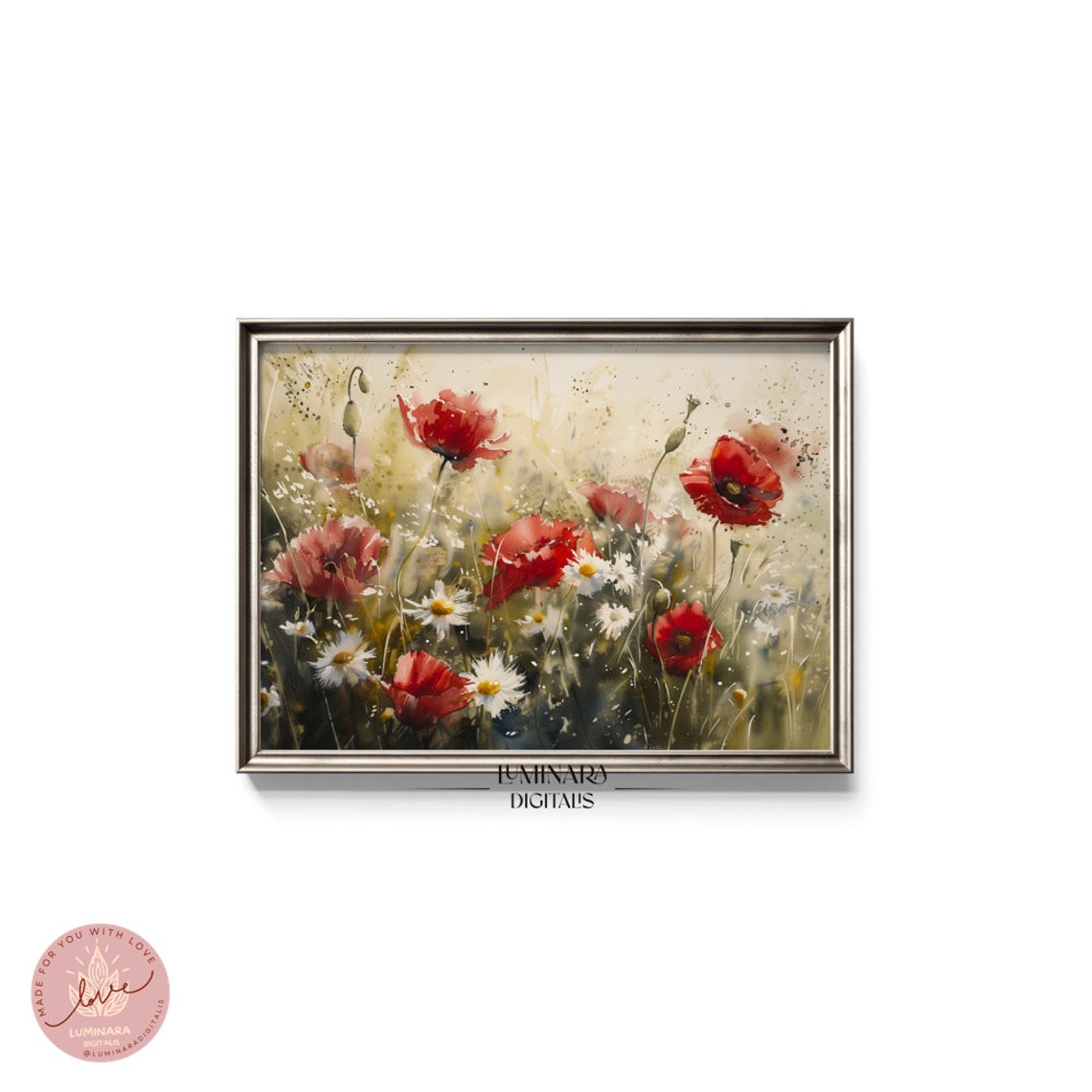 Watercolor Red Poppies And Daisies On A Soft Cream Background Poster - Image 5