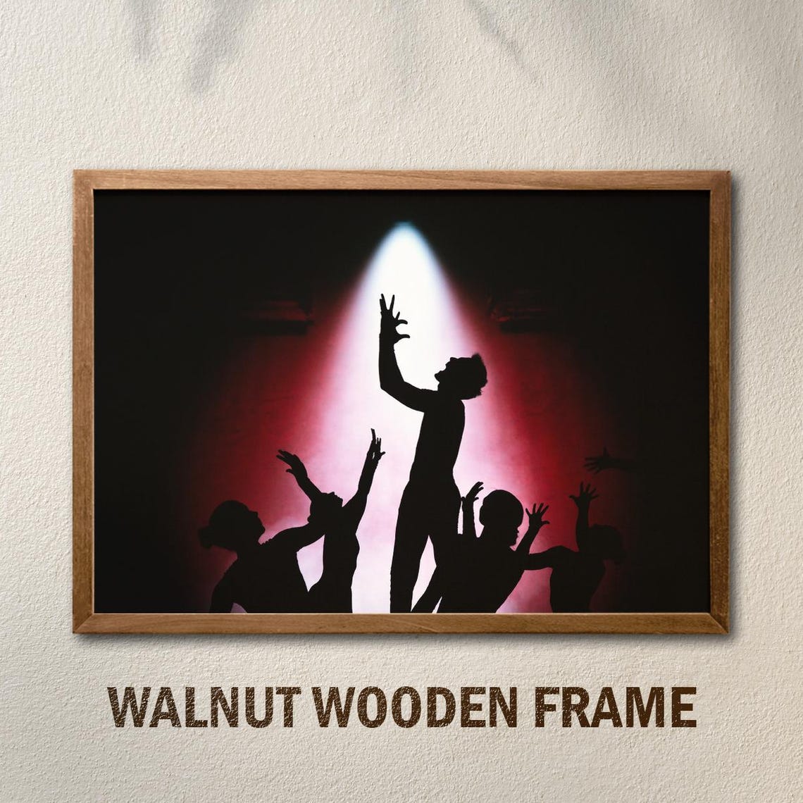 Dancer Silhouettes Under Red Spotlight Dramatic Stage Poster