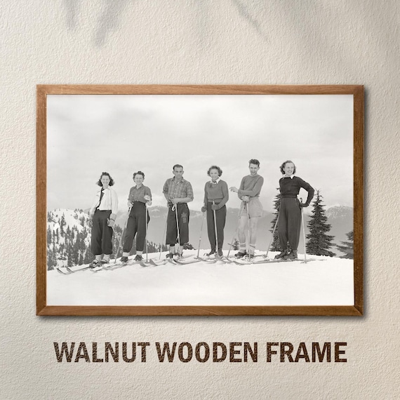 Vintage Skiers Group Snowy Mountain Retro Black White Photo Poster