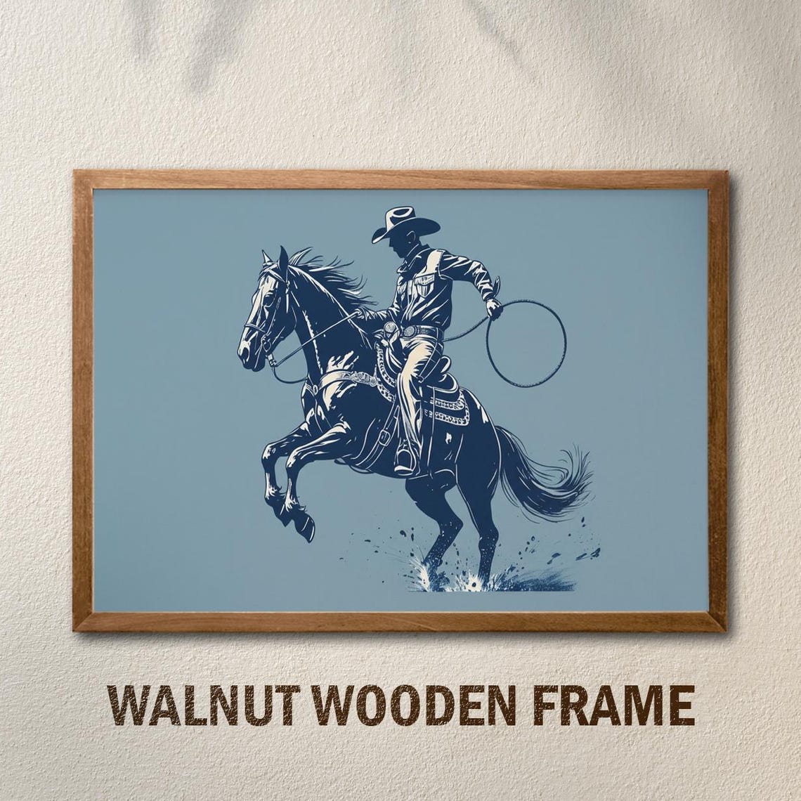 Cowboy Riding Horse Lasso Swing Blue Ink Western Ranch Poster Art