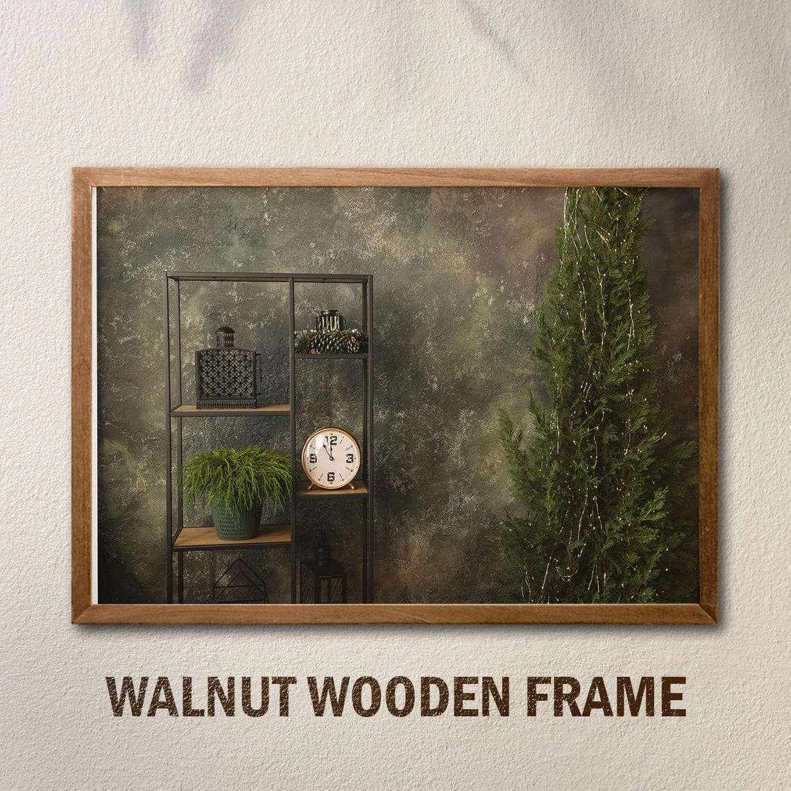 Moody Dark Interior Christmas Tree Shelf Vintage Clock Cozy Poster