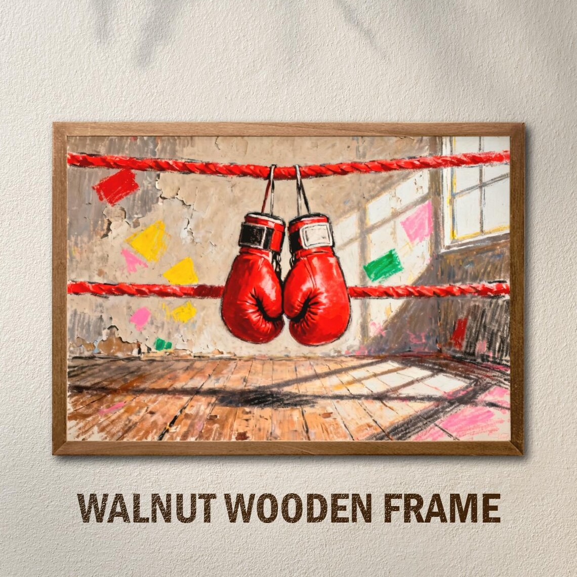 Red Boxing Gloves Hanging On Ring Ropes Vintage Gym Art Poster