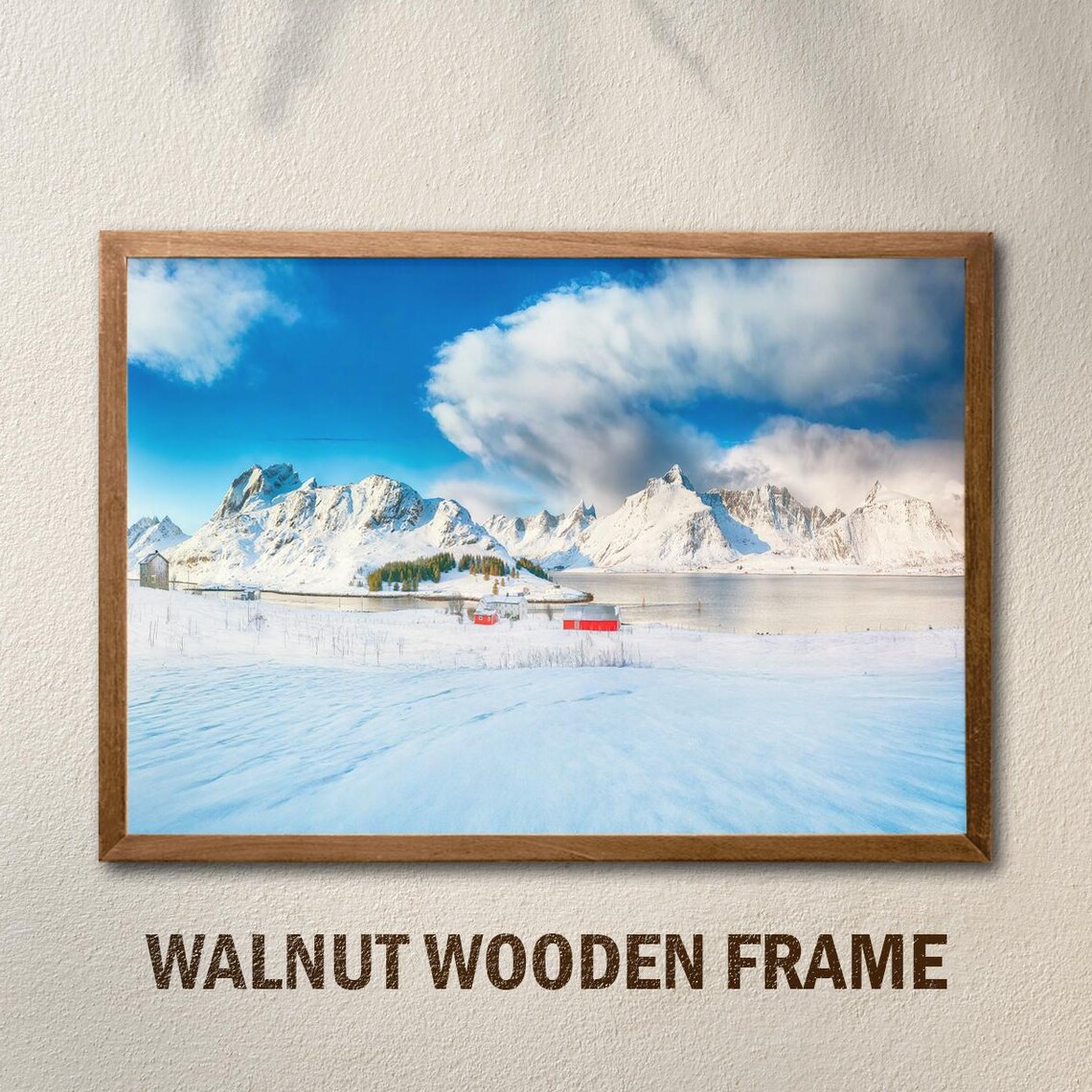Snowy Winter Landscape Red Cabins Arctic Mountains Photo Poster