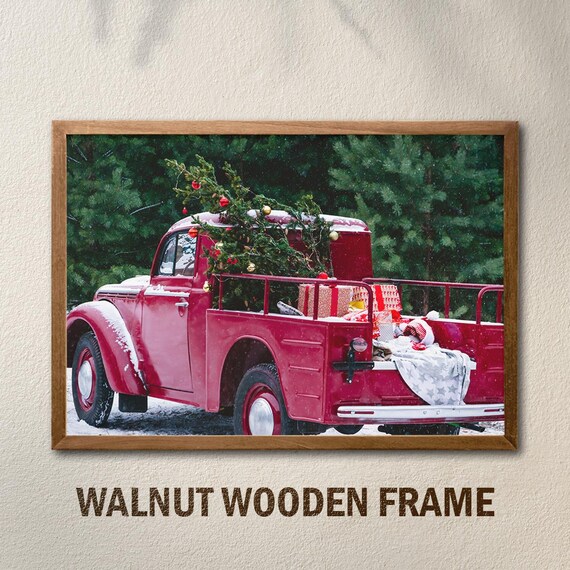 Vintage Red Pickup Truck Hauling Christmas Tree Holiday Scene Poster