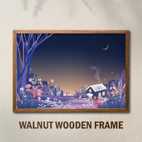 Cozy Moonlit Cottage Dreamy Night Meadow Fantasy Stars Poster Art
