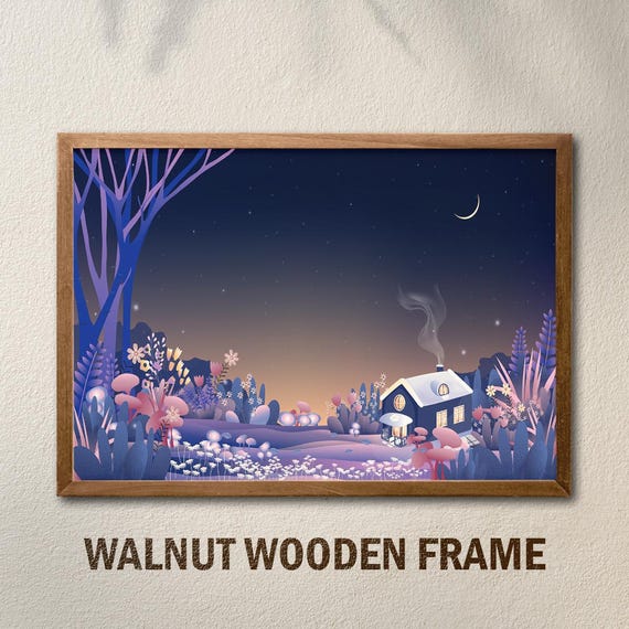 Night Cottage Print Peaceful Fantasy Wall Art Dreamy Gift For Cozy Decor Relaxation
