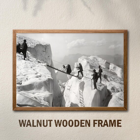 Vintage Mountaineers Crossing Glacier Crevasse Photo Art Poster