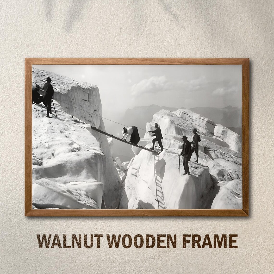 Vintage Mountaineers Crossing Glacier Crevasse Photo Art Poster