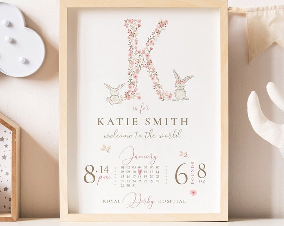 New Baby Girl Birth Print, Personalised Nursery Art