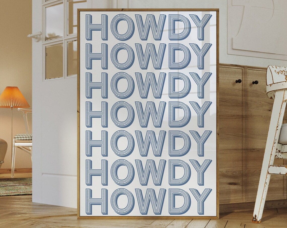 Blue Repeated Howdy Typography Western Greeting Style Art Poster