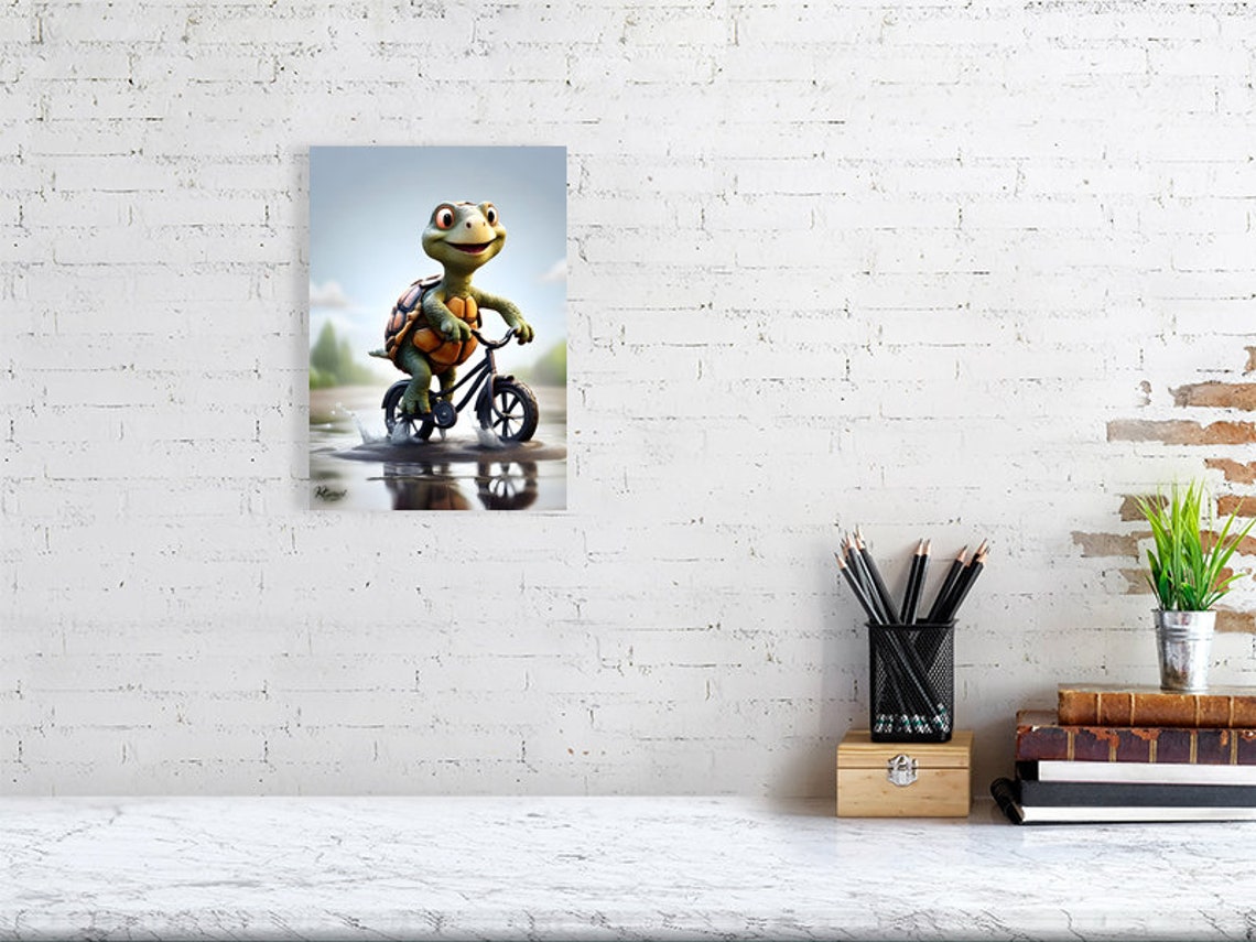 Funny Tortoise Riding a Bicycle Through Puddles Animal Poster - Image 2