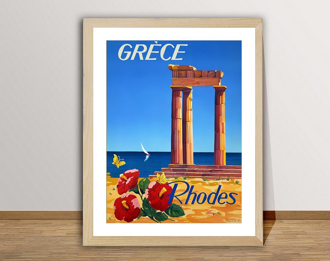 Greece Rhodes Vintage Travel Poster Ancient Temple Columns by the Sea - Image 2