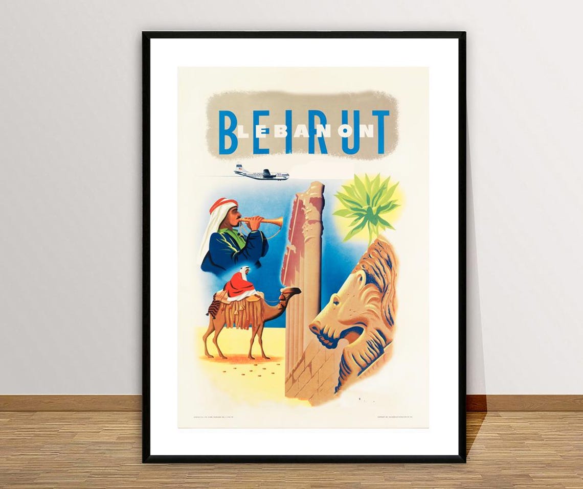 Beirut Lebanon Camel Ancient Ruins Desert Air Vintage Travel Poster - Image 2