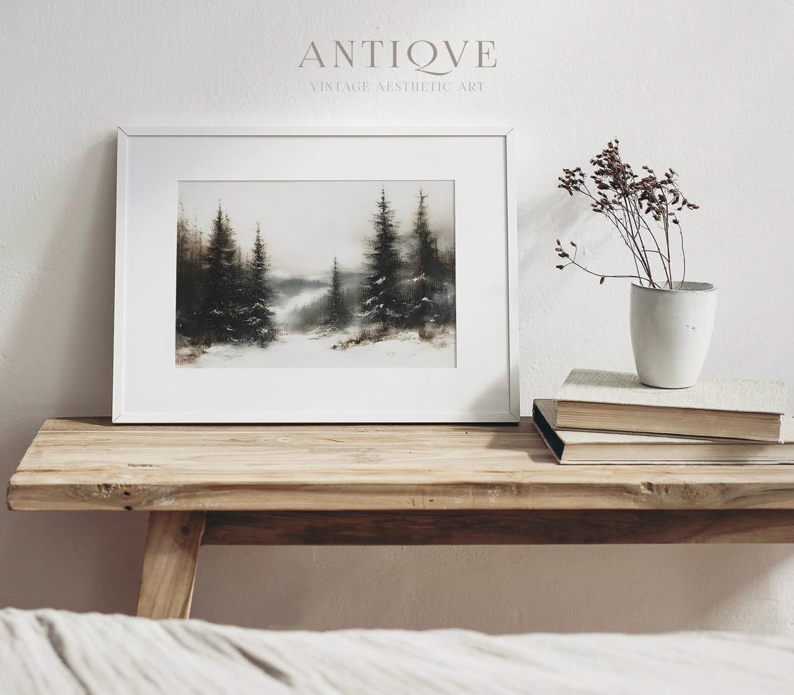 Black Pine Forest in Winter Fog Monochrome Moody Landscape Wall Art - Image 4