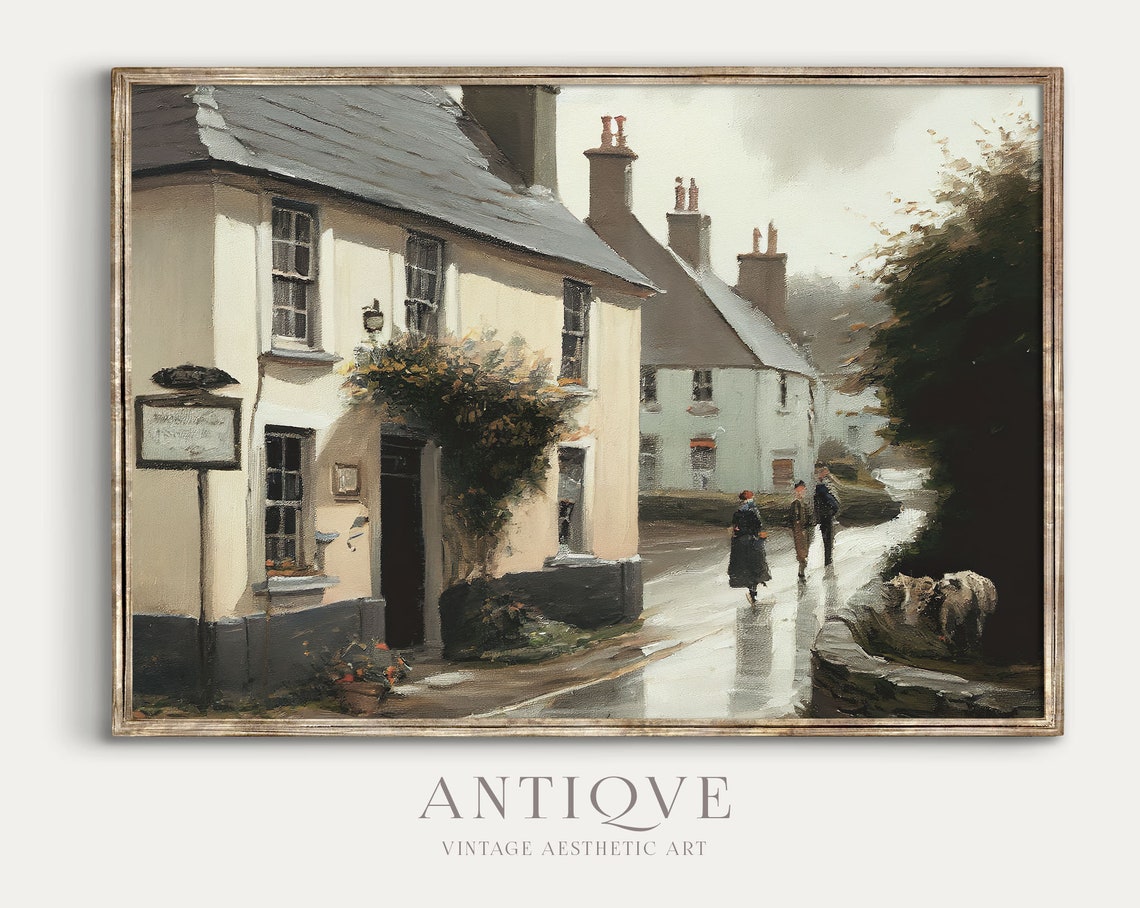 Rainy Village Street Old Pub Cottages Oil Painting Style Print