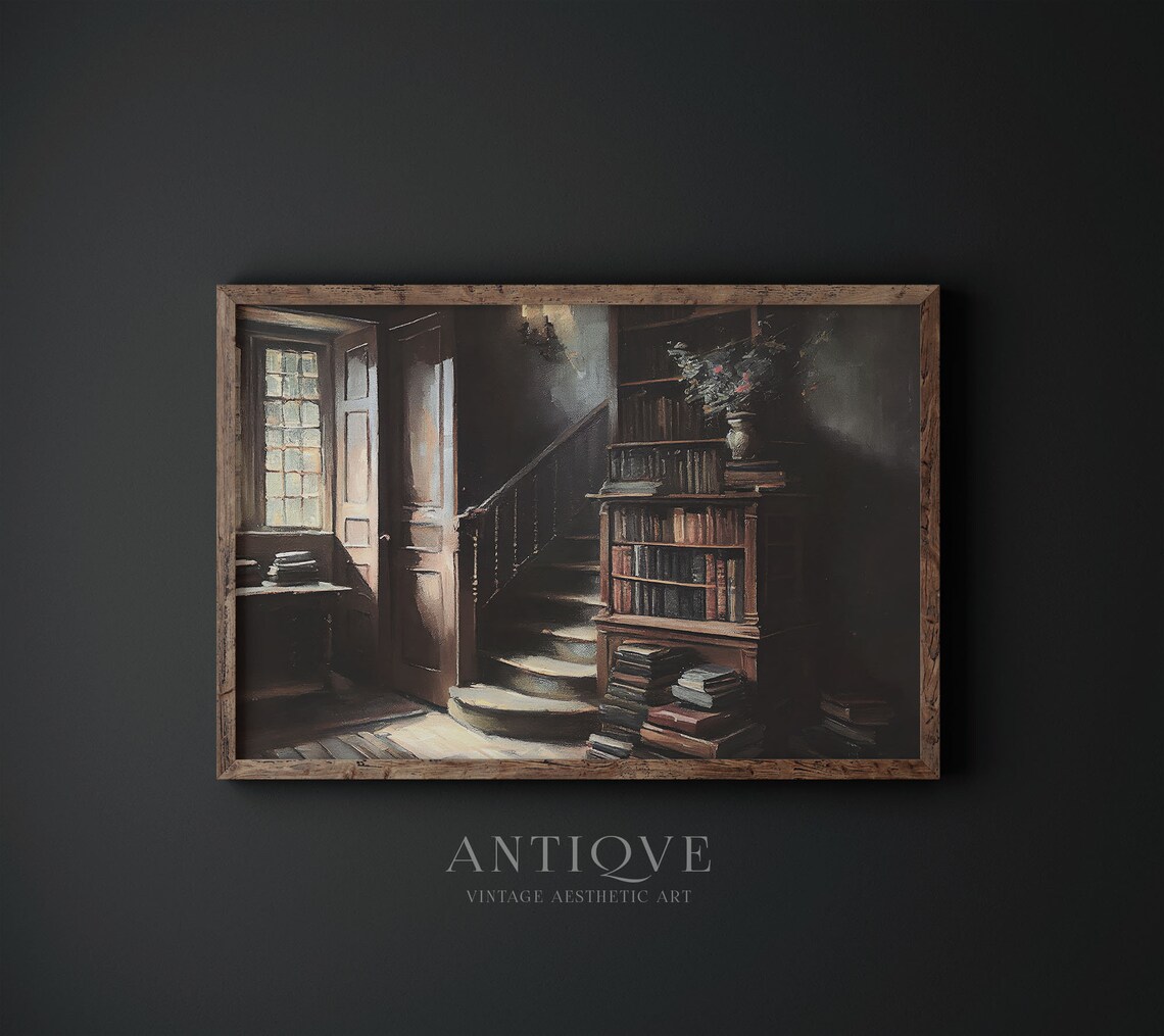 Moody Victorian Staircase With Books and Flowers - Image 4