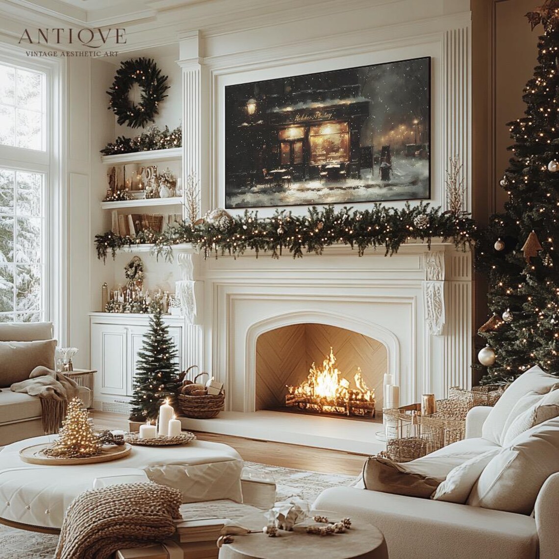 Moody Winter Cafe Night Painting, Christmas Decor - Image 3