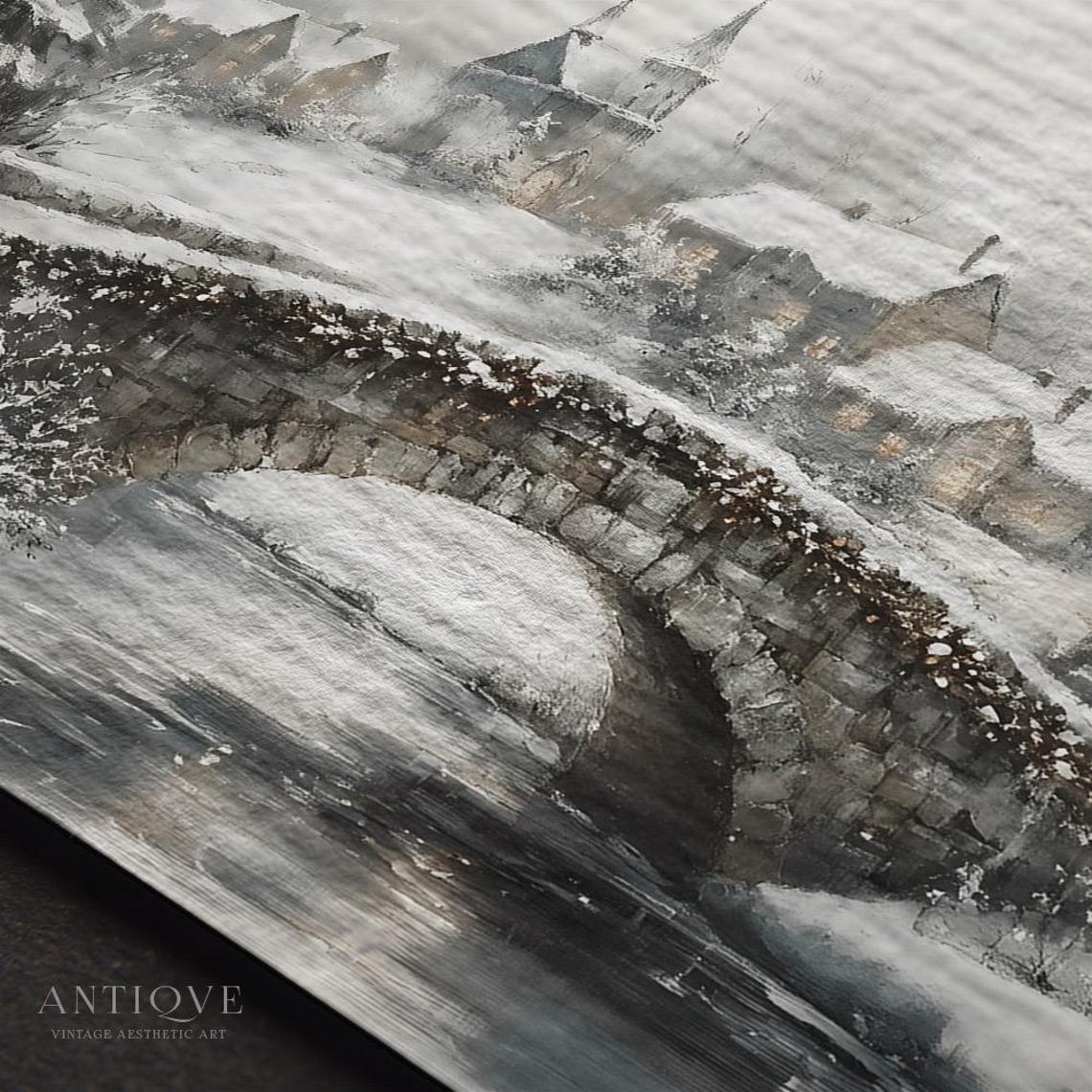Snowy Stone Bridge Over River In Winter Village Landscape Poster - Image 2