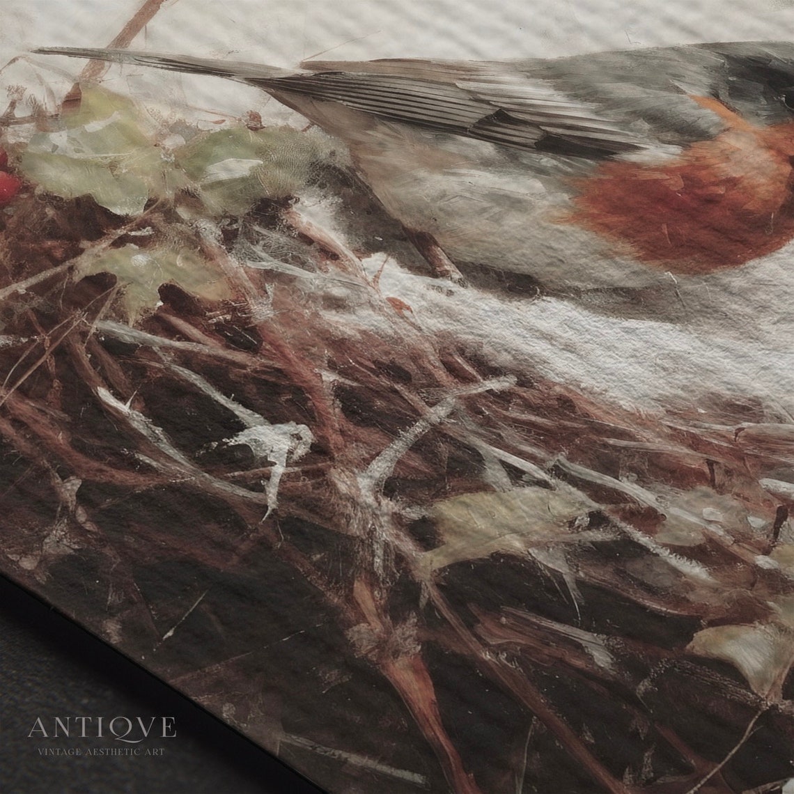 Robin Perched on Snowy Nest with Red Berries Winter Bird Wall Art - Image 3