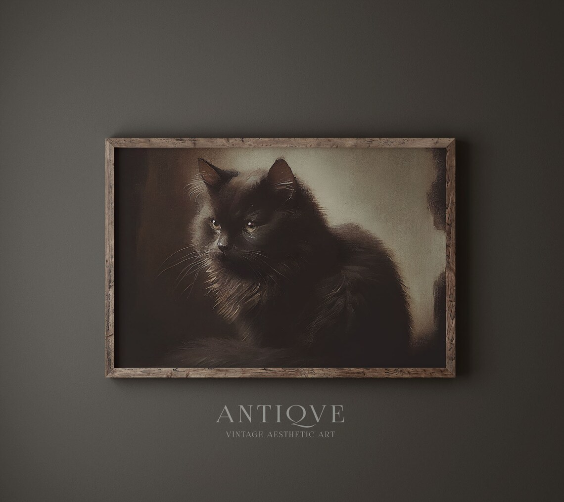 Moody Black Cat Oil Painting Print, Antique Art - Image 4