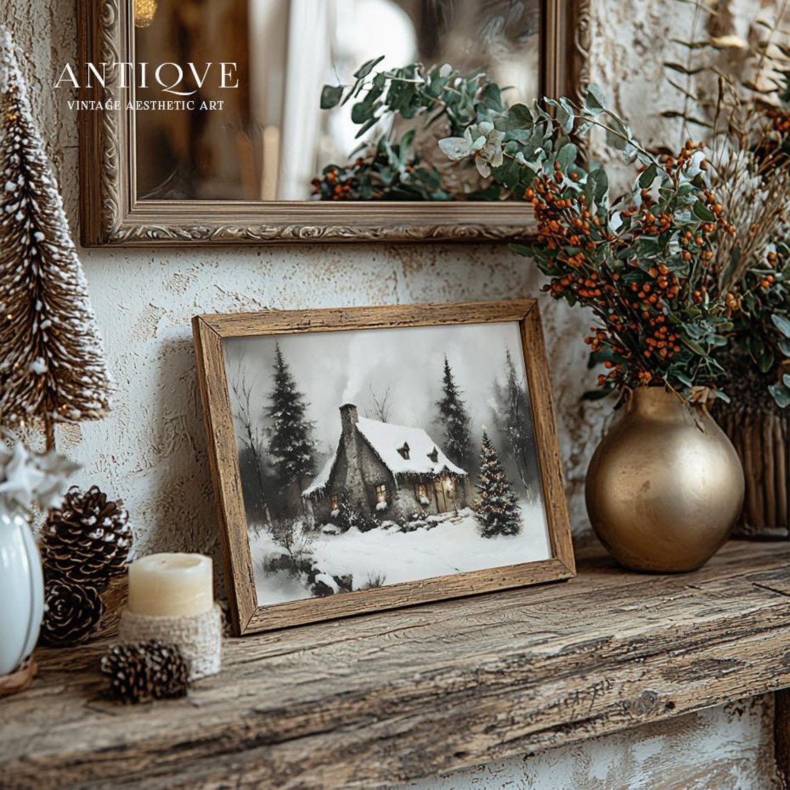 Snowy Stone Cottage With Glowing Christmas Tree Winter Night Poster - Image 2