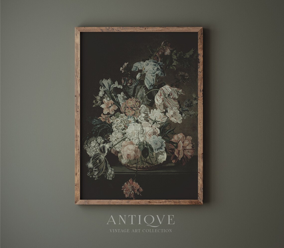 Moody Floral Oil Painting Vintage Art Print - Image 3