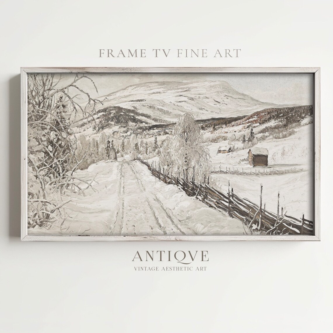Snowy Country Road with Fences Mountains Cabin Vintage Winter Wall Art - Image 2