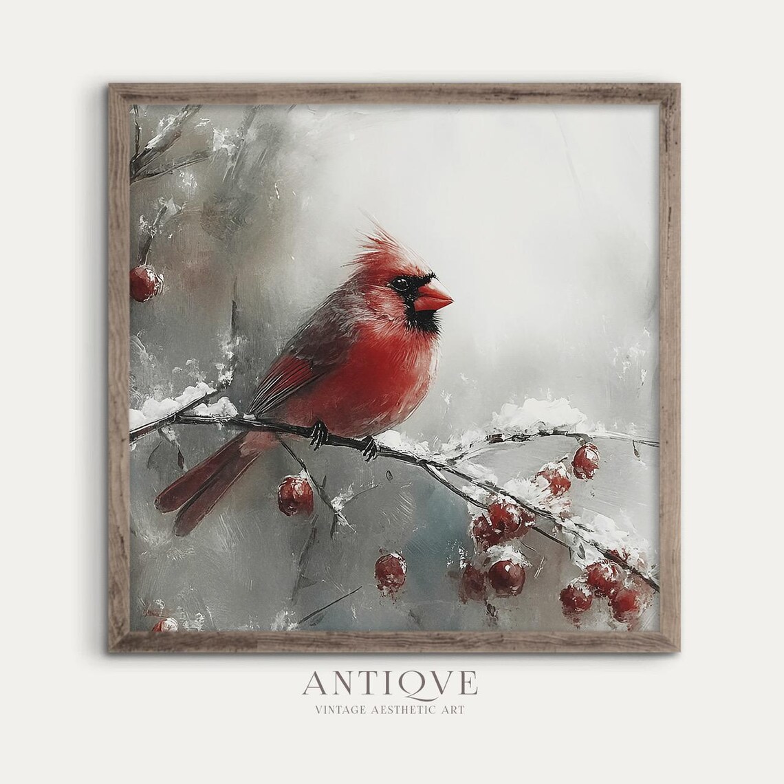 Red Cardinal On Snowy Branch, Rustic Christmas Art