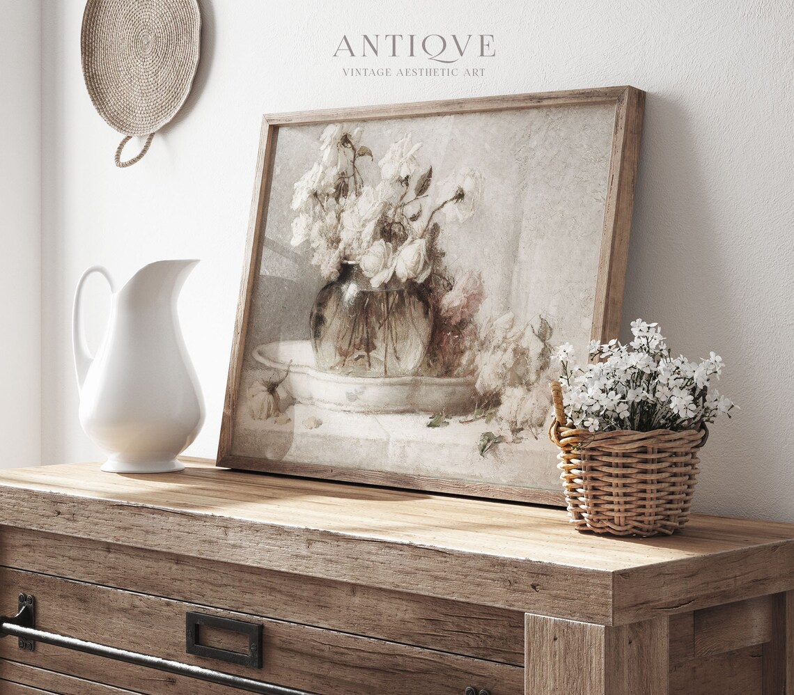 Clear Still Life White Roses In Glass Vase, Art Print - Image 4