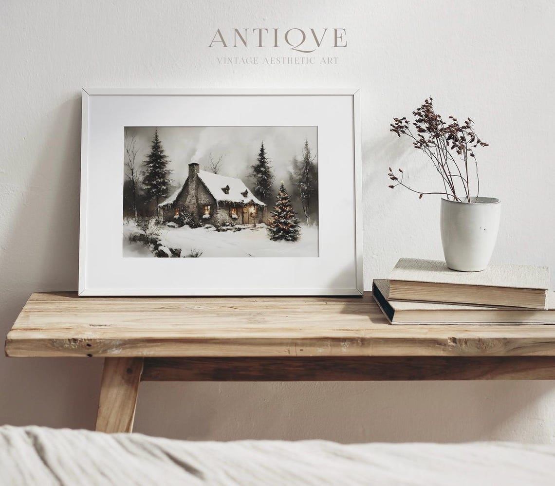 Snowy Stone Cottage With Glowing Christmas Tree Winter Night Poster - Image 4