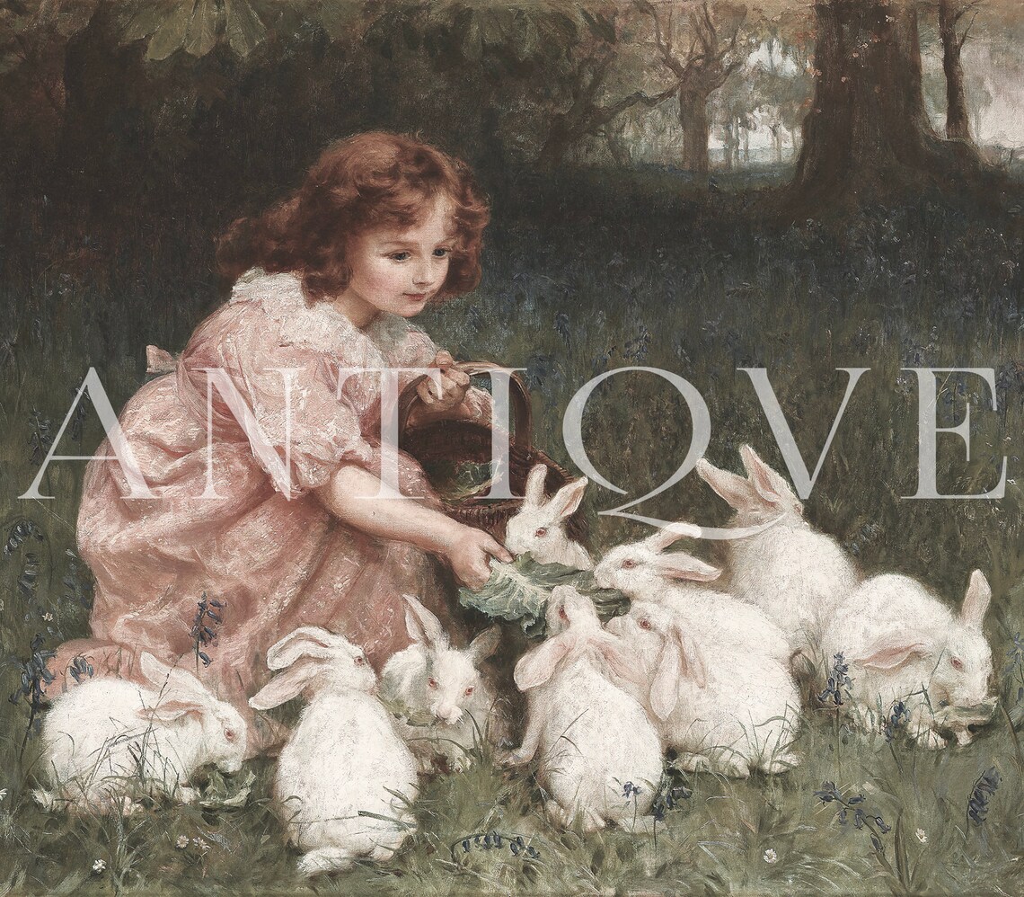 Little Girl Feeding Bunnies, Vintage Nursery Art Print - Image 2