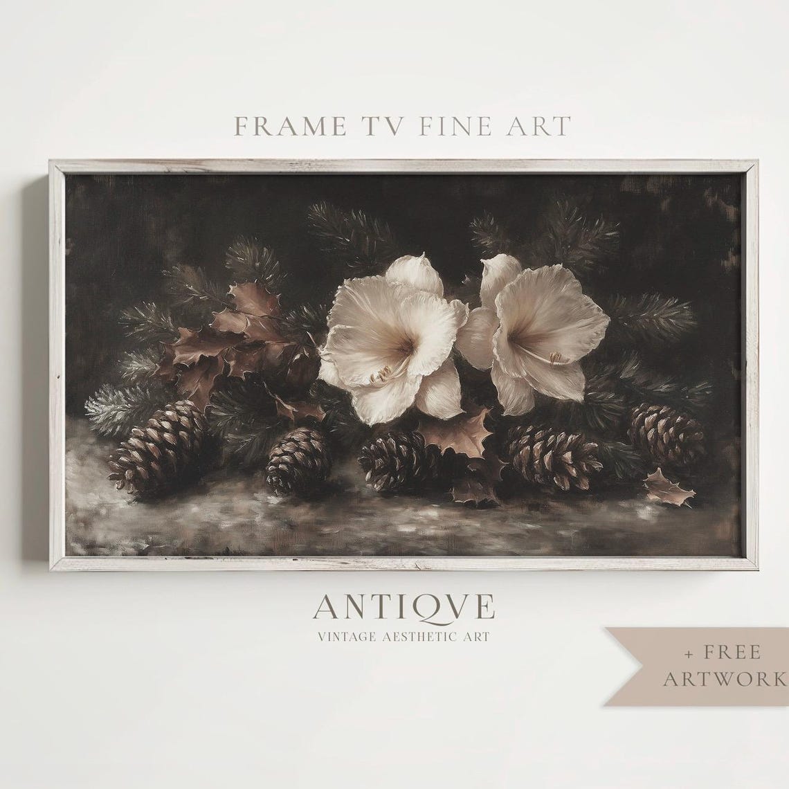 White Amaryllis Flowers With Pinecones Moody Christmas Art Print