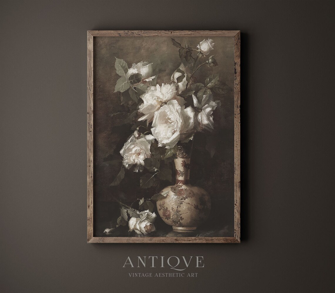Moody Vintage Still Life White Roses, Oil Painting - Image 2