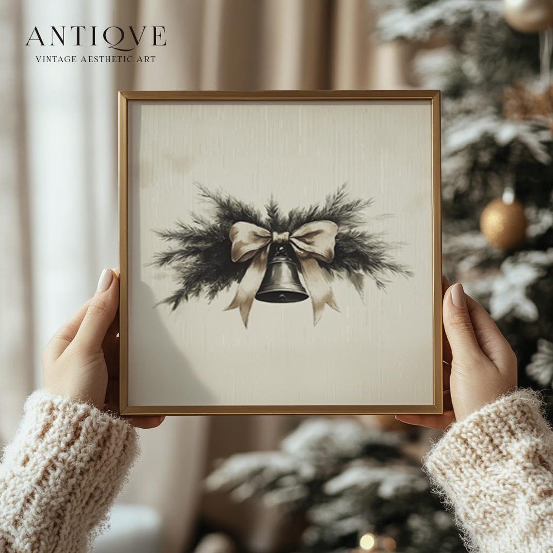 Vintage Christmas Bell With Ribbon Neutral Rustic Sketch Square Print - Image 3