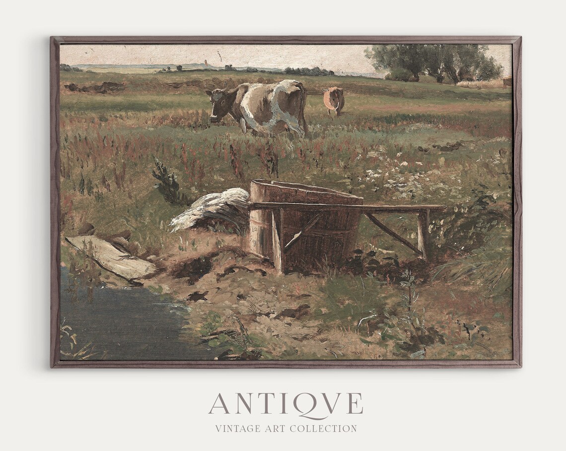 Cows Grazing In Green Pasture Antique Farmhouse Oil Painting Poster