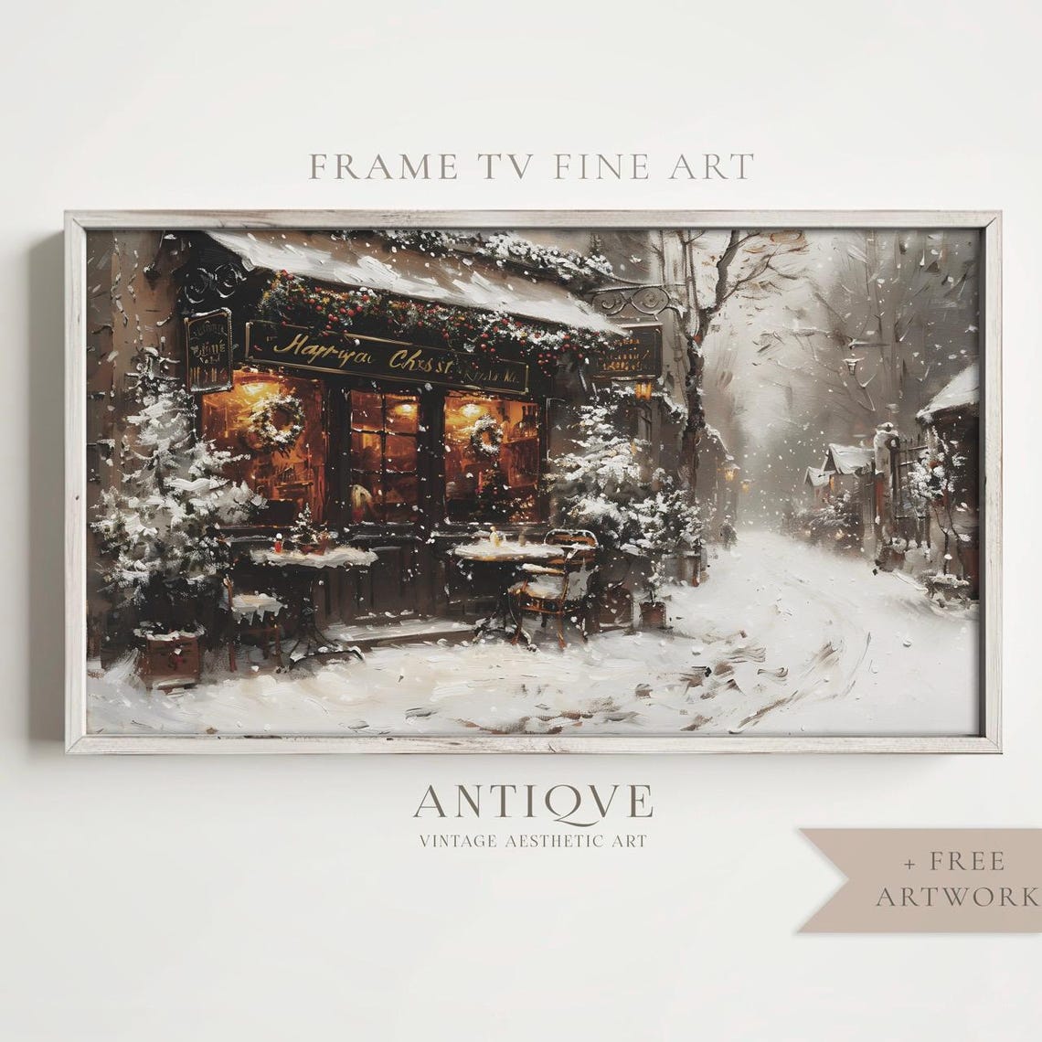 Snowy Cafe Storefront Merry Christmas Glowing Windows Winter Wall Art