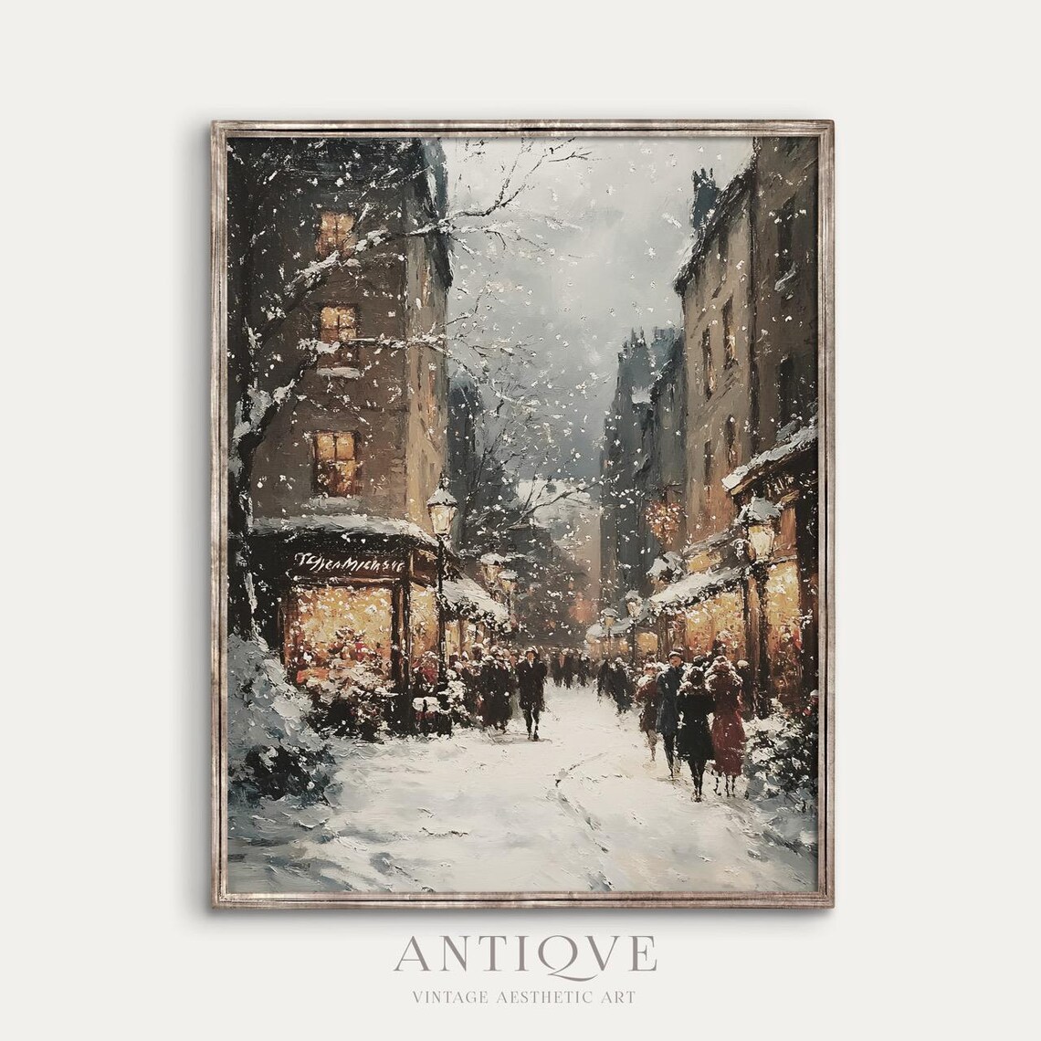 Snowy Busy Village Street, Winter Christmas Decor