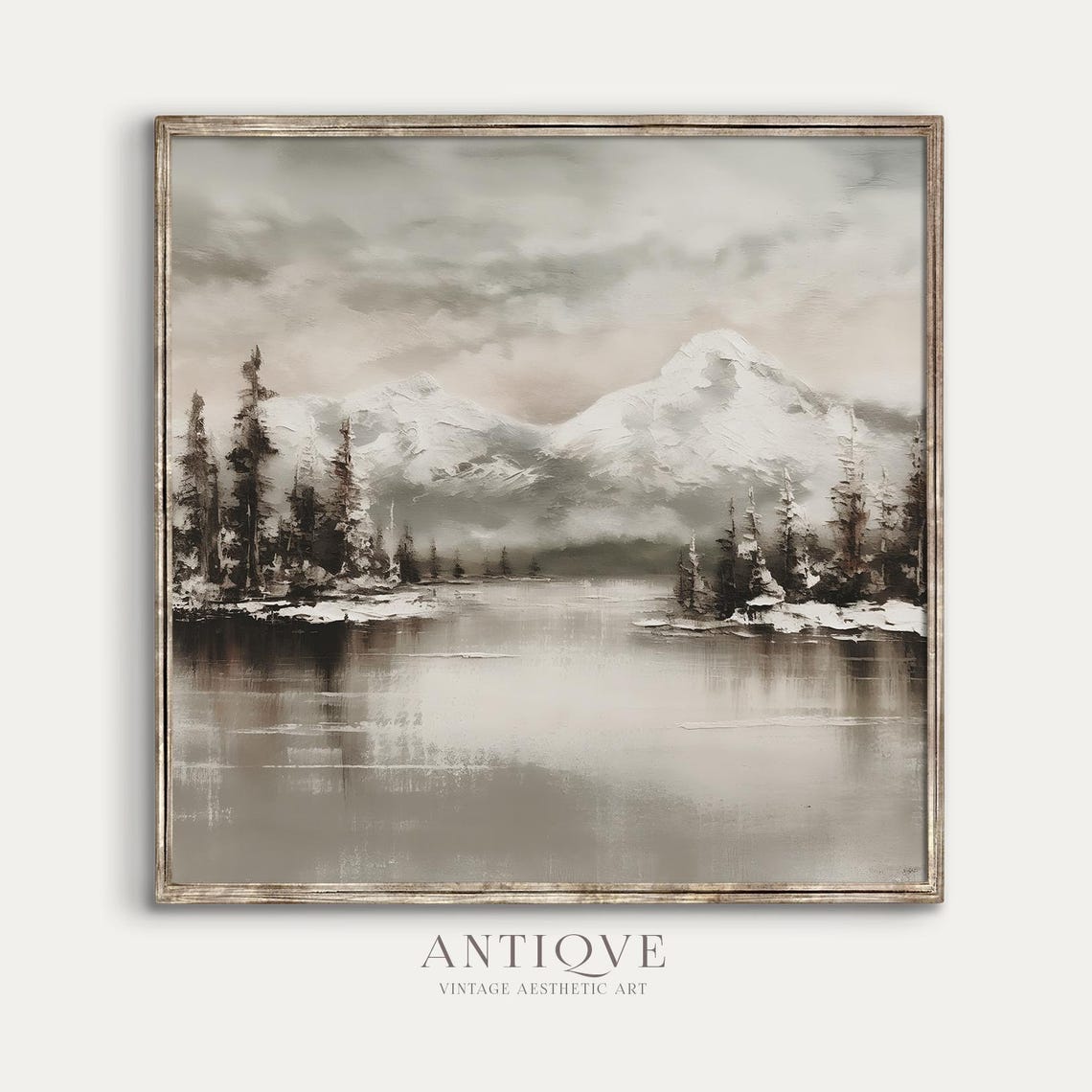 Textured Snowy Mountain Lake Pines Moody Winter Landscape Wall Art - Image 4