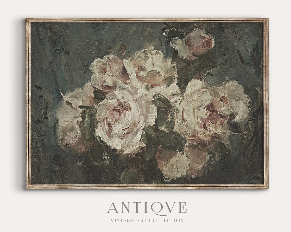 Moody Roses Vintage Oil Painting Art