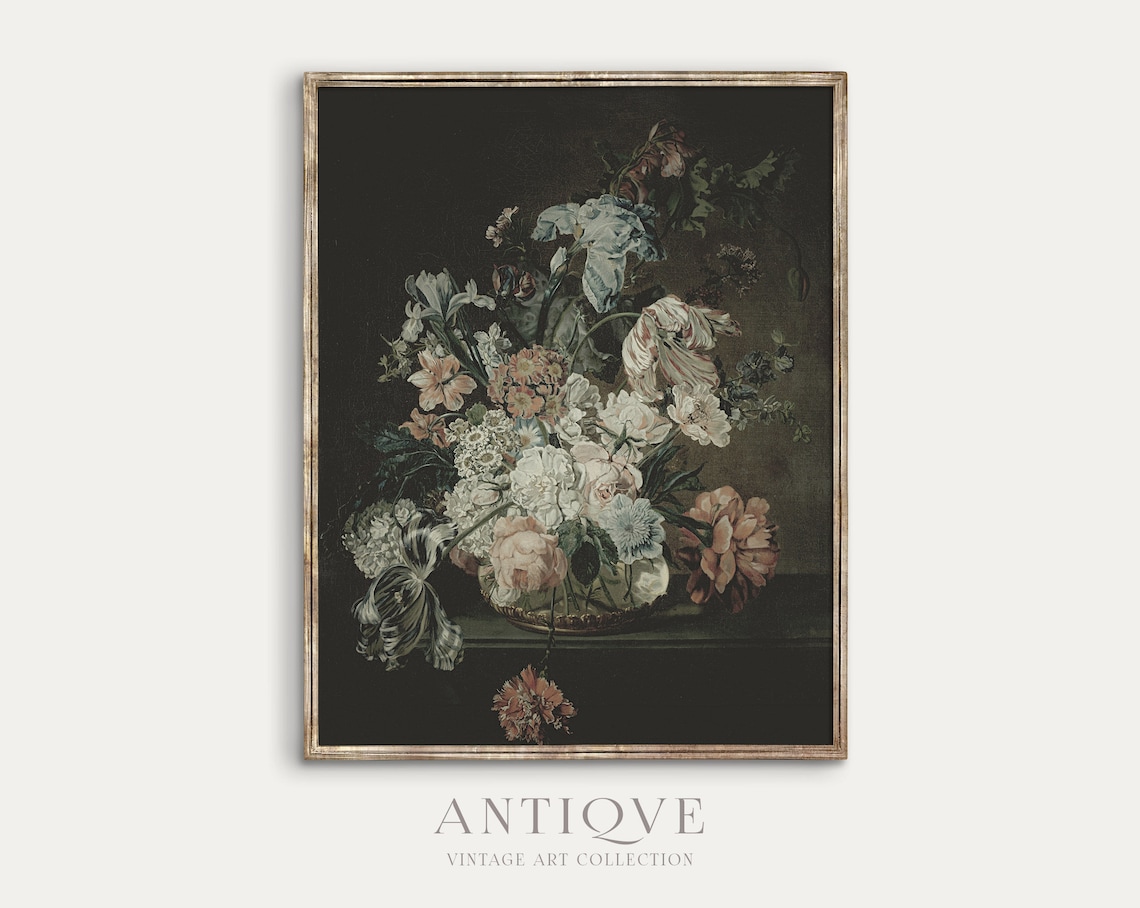 Moody Floral Oil Painting Vintage Art Print