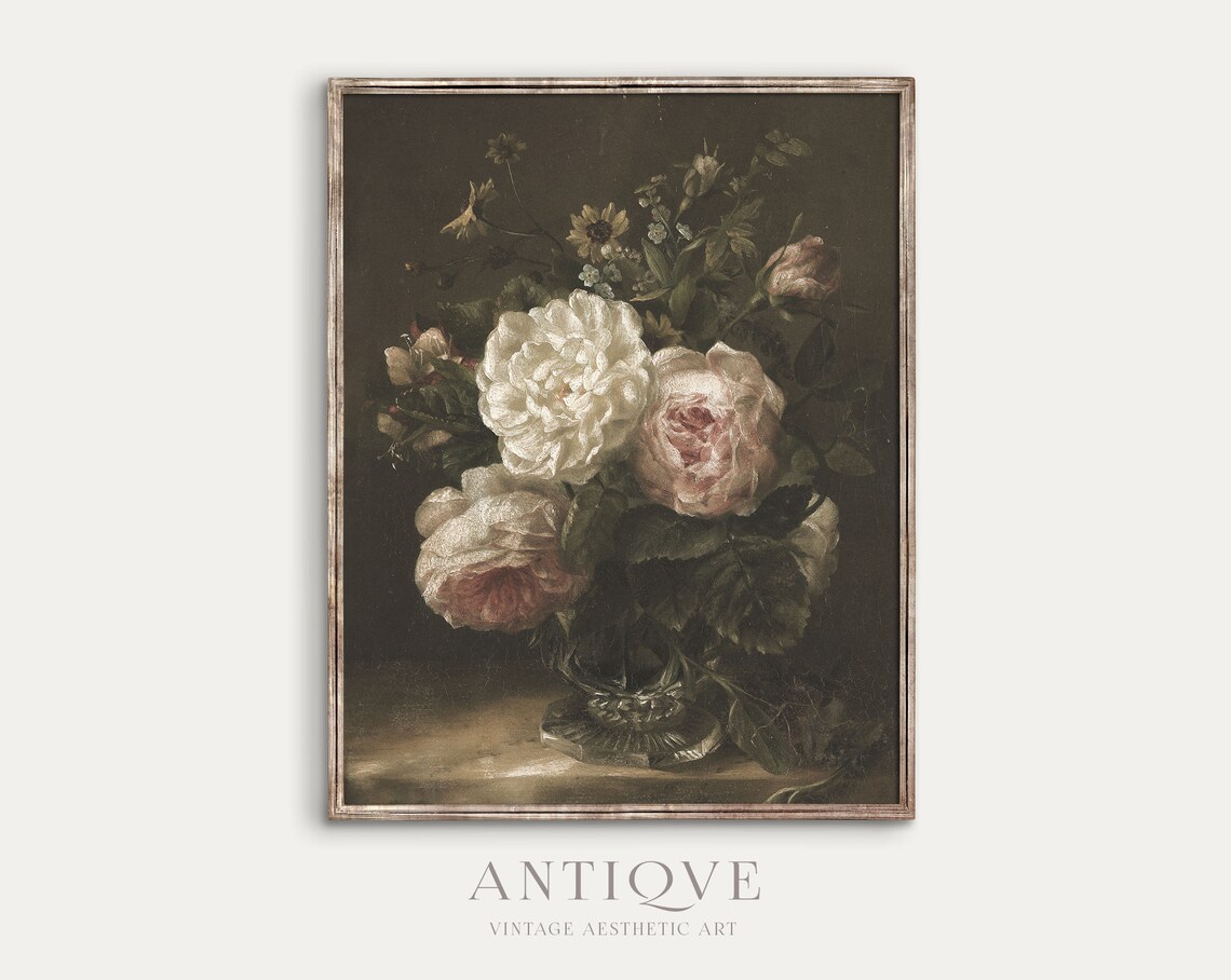Moody Vintage Still Life Floral Oil Painting Art Print