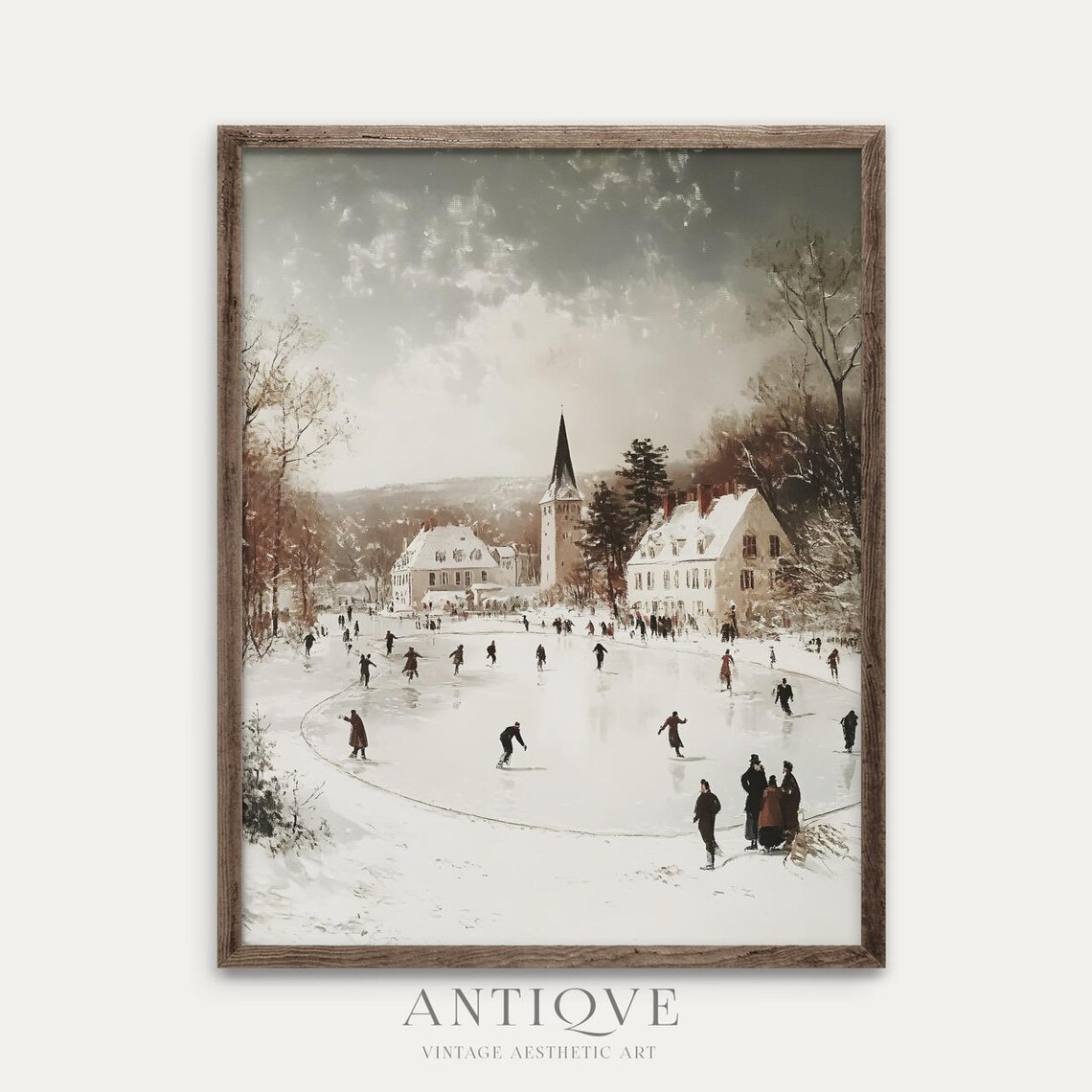 Vintage Winter Skating Scene, Rustic Christmas Decor