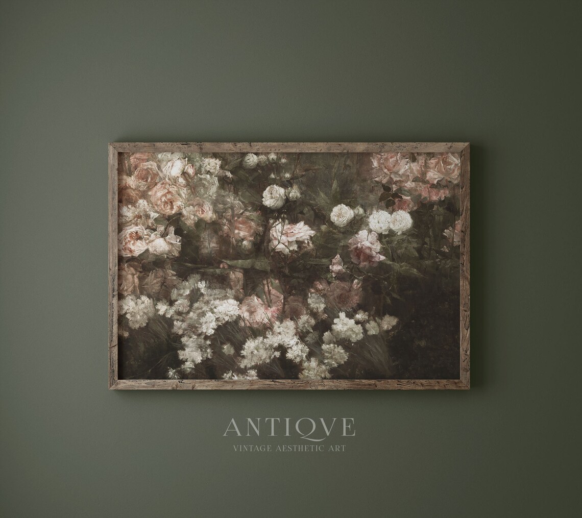 Moody Rose Garden Vintage Oil Painting Dark Floral Art Print - Image 2