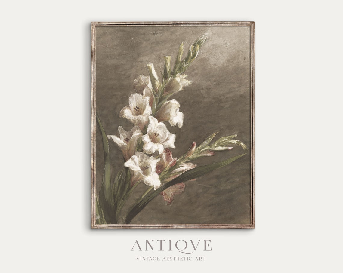 White Gladiolus Blooms Vintage Botanical Floral Painting Print