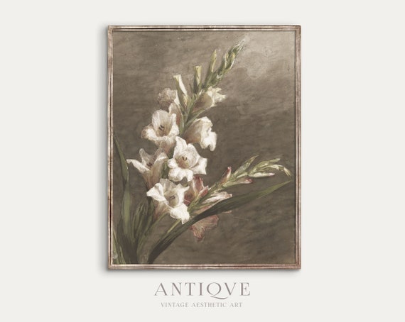Vintage Moody White Lilies Painting On Grey Muted Colors Art Spring Bedroom Art Print 768