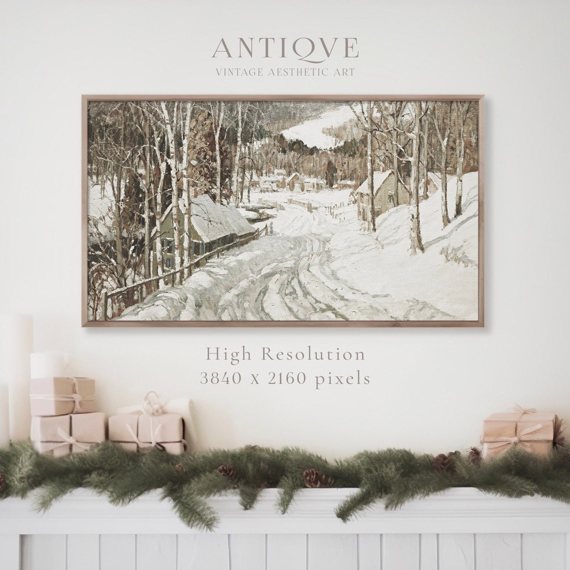 Snowy Village Road Vintage Winter Landscape Oil Painting Art Print - Image 4
