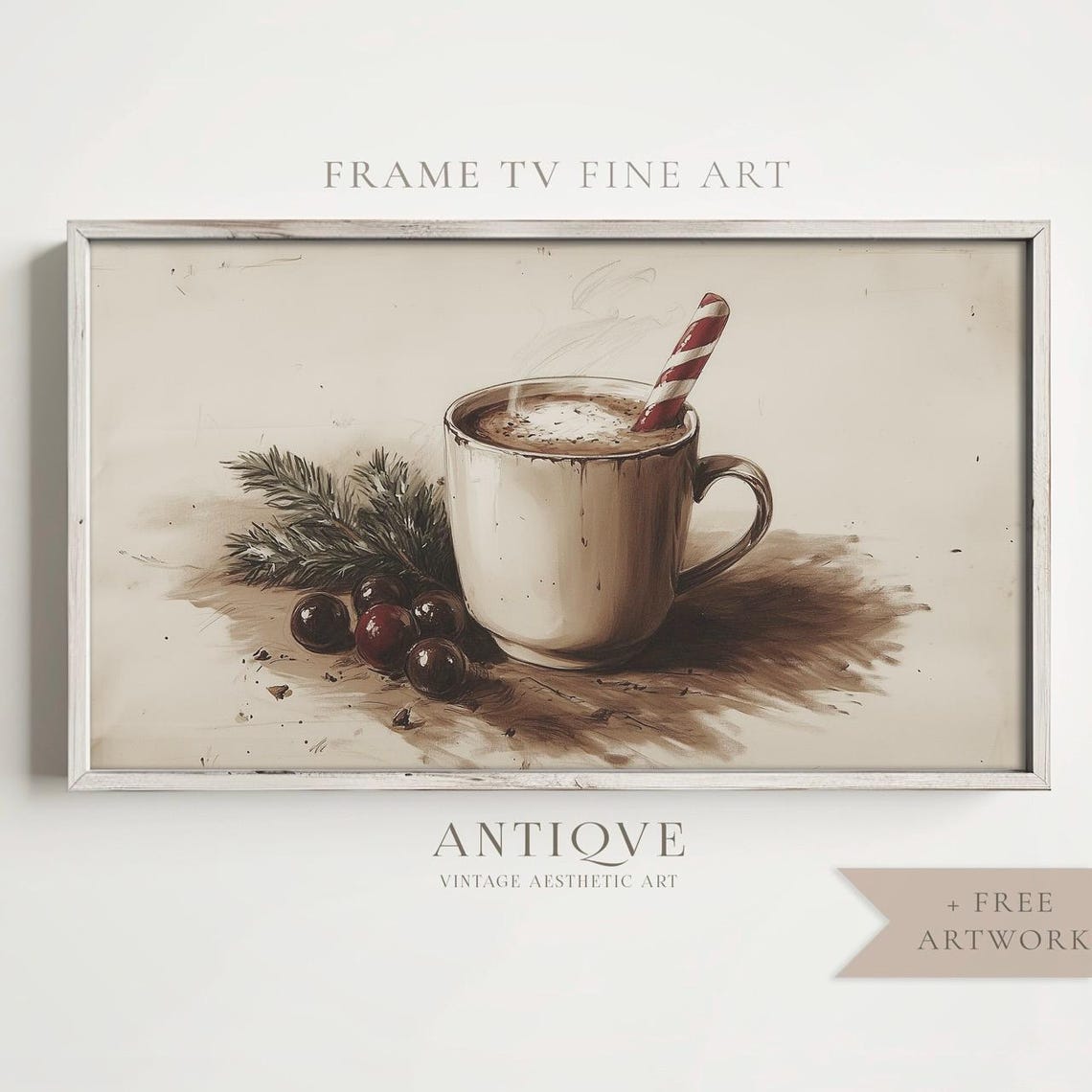 Hot Cocoa Mug with Candy Cane Berries Cozy Winter Sketch Wall Art - Image 4