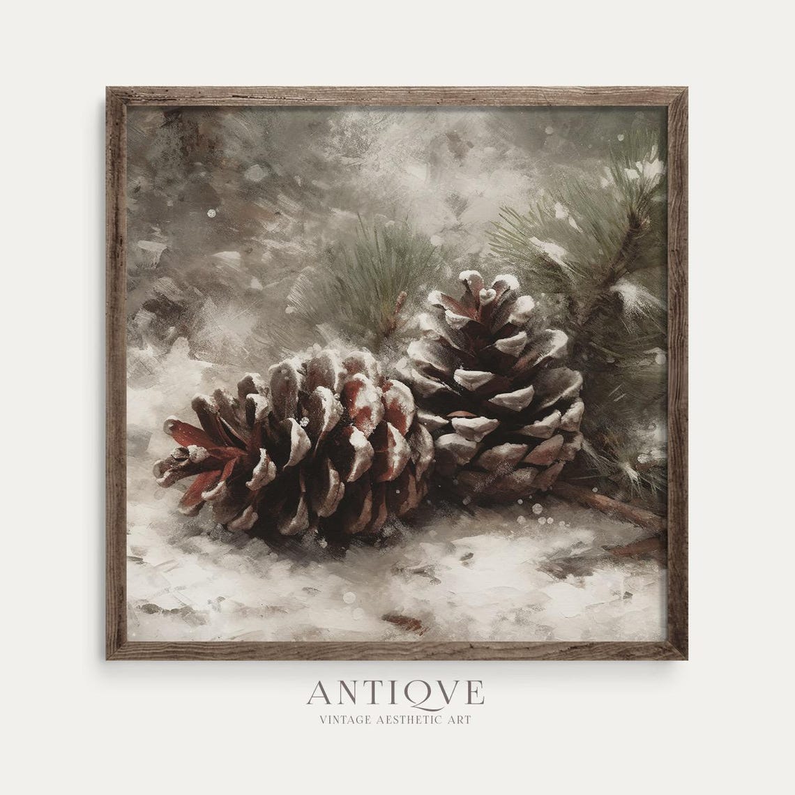 Snow Covered Pinecones Rustic Christmas Still Life Painting Wall Art - Image 4