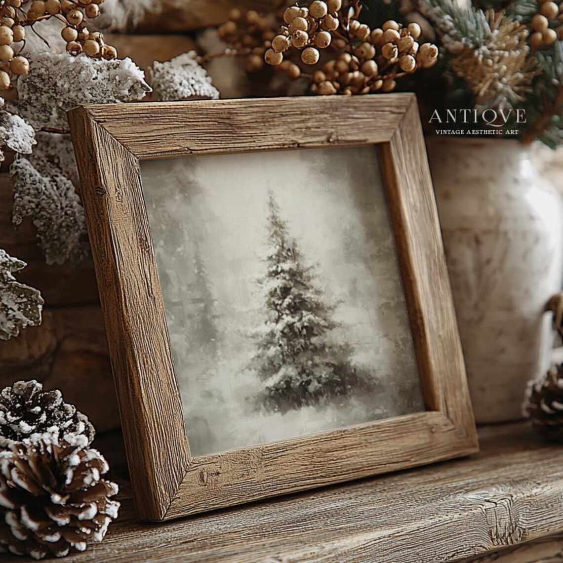 Snow Covered Fir Tree Christmas Farmhouse Art Print - Image 2